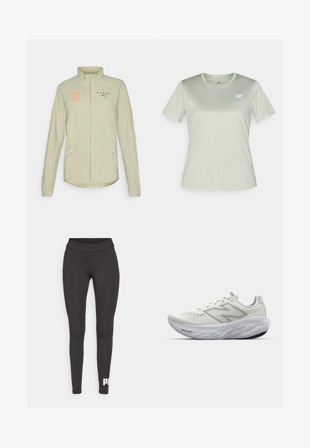 Veste de sport beige clair avec col haut, fermeture éclair intégrale, accents réfléchissants et poches latérales. Présente un logo imprimé orange sur la poitrine.; New Balance T-shirt de sport - garter snake; Leggings noirs en tissu extensible, avec une taille haute et un logo blanc imprimé sur le bas de la jambe gauche. Texture lisse.; Baskets de sport blanches avec une tige en mesh, dotées d'un col rembourré, d'une semelle texturée et du marquage "Fresh Foam" sur la semelle intermédiaire.