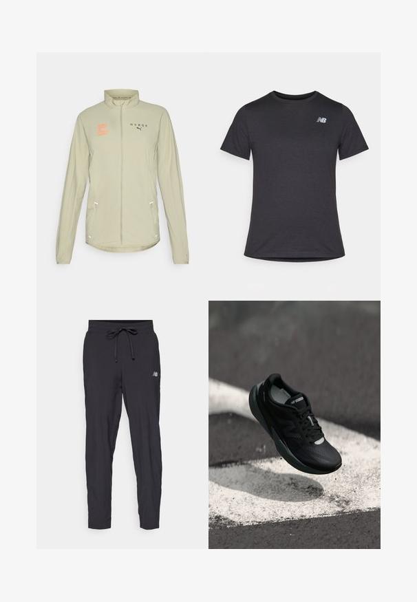 Light tan athletic jacket with high collar, full zipper, reflective accents, and side pockets. Features orange printed logo on chest.; Black short-sleeve t-shirt made of soft fabric, featuring a small gray New Balance logo on the upper left chest, classic crew neck design.; Black track pants made of lightweight material with an elastic waistband and adjustable drawstring. Features a small logo on the side.; Black running shoe with a textured upper, sleek design, and reflective accents. Features a soft, cushioned sole for comfort.