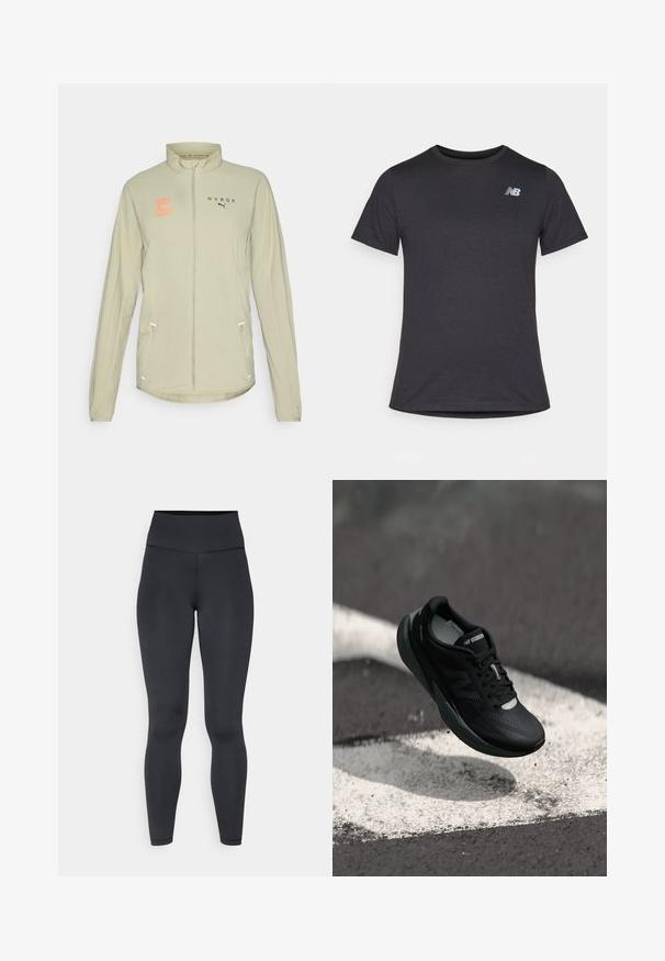 Casaco desportivo de tom claro com gola alta, fecho de correr completo, detalhes refletivos e bolsos laterais. Apresenta um logótipo laranja impresso no peito.; T-shirt preta de manga curta feita de tecido suave, com um pequeno logótipo cinza da New Balance no canto superior esquerdo do peito, design clássico de decote redondo.; Leggings pretos de cintura alta feitos de material elástico, com uma textura suave e um design justo, apresentando detalhes de costura mínimos.; Sapatilha de corrida preta com um cabedal texturizado, design elegante e detalhes reflexivos. Apresenta uma sola macia e acolchoada para maior conforto.