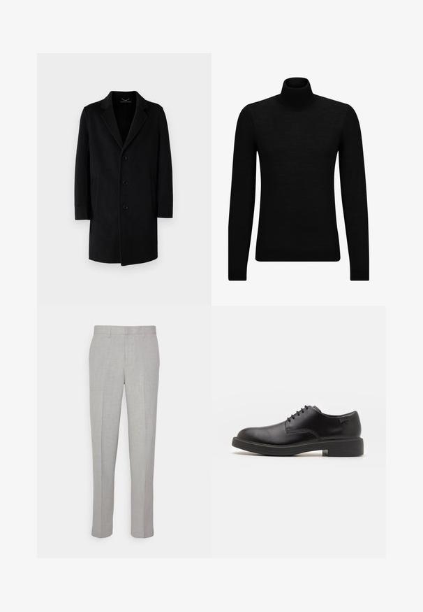 Sort uldfrakke med notch-krave, fem knaplukninger, sidelommer og en lige silhuet med lange ærmer.; Sort turtleneck sweater lavet af blødt materiale, med lange ærmer og en tætsiddende pasform. Ribbet trim ved kanten og manchetter. Simpelt design.; Lysgrå bukser med en glat tekstur, flad front og lige ben. Fremstillet af åndbart stof, med indvendige lommer og bæltestropper.; Sorte læder snørestøvle med rund tå, glat tekstur, minimal syning og lav gummihæl. Logo på hælen.