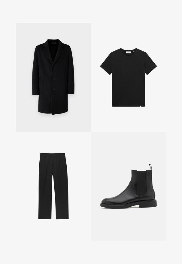 Cappotto nero in lana con colletto a rever, chiusura a cinque bottoni, tasche laterali e silhouette dritta con maniche lunghe.; T-shirt nera a maniche corte in cotone, con scollatura rotonda e un piccolo logo ricamato sul petto. Tessuto liscio, vestibilità standard.; Pantaloni neri con un design a gamba dritta, realizzati in un tessuto liscio. Presentano pieghe frontali e una chiusura a un bottone in vita.; Stivale alla caviglia in pelle nera con texture liscia, pannelli laterali elastici e una linguetta per il tallone. Punta rotonda e suola piatta in gomma con minimo battistrada.