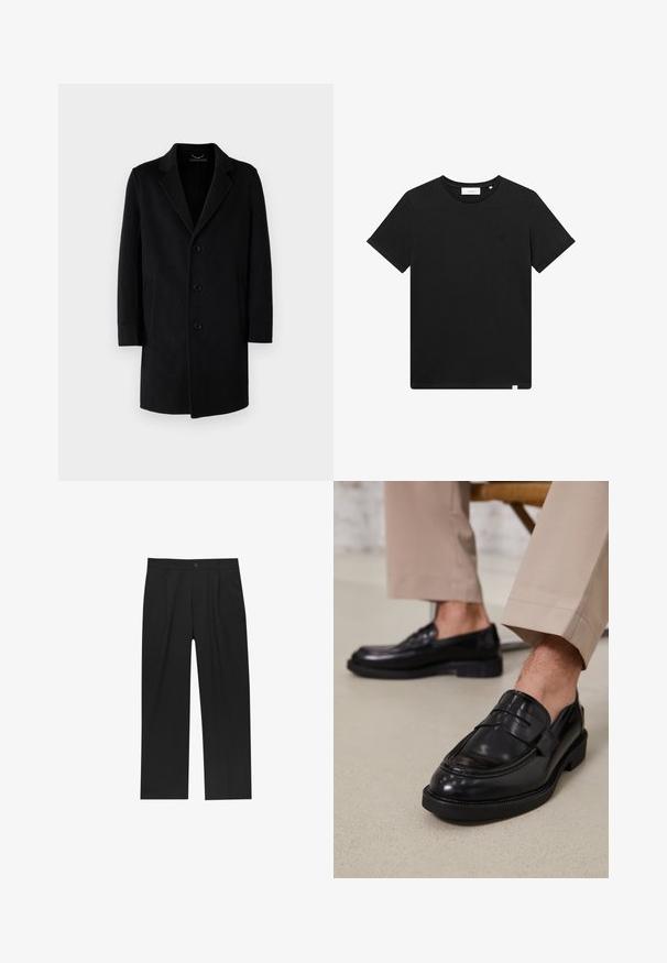 Cappotto nero in lana con colletto a rever, chiusura a cinque bottoni, tasche laterali e silhouette dritta con maniche lunghe.; T-shirt nera a maniche corte in cotone, con scollatura rotonda e un piccolo logo ricamato sul petto. Tessuto liscio, vestibilità standard.; Pantaloni neri con un design a gamba dritta, realizzati in un tessuto liscio. Presentano pieghe frontali e una chiusura a un bottone in vita.; Mocassini in pelle nera con finitura liscia, dotati di una cintura decorativa e cuciture a contrasto, abbinati a pantaloni beige.