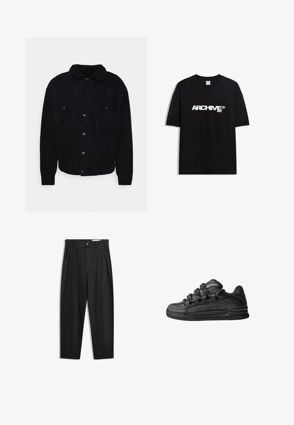 Giacca di jeans nera con colletto in sherpa morbido, due tasche sul petto, chiusura con bottoni e cuciture visibili sulle maniche e sull'orlo.; T-shirt in cotone nero con il logo bianco "ARCHIVE inc." stampato sul petto, maniche corte e colletto a girocollo.; Pantaloni in cotone neri con una vestibilità rilassata, dotati di una vita classica, pieghe frontali e tasche laterali. Tessuto liscio senza fantasie.; Sneaker nere con una toma in pelle liscia, dettagli testurizzati e lacci tondi neri e bianchi. Suola spessa in gomma con battistrada gommato.