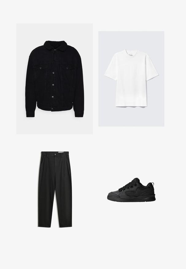 Giacca di jeans nera con colletto in sherpa morbido, due tasche sul petto, chiusura con bottoni e cuciture visibili sulle maniche e sull'orlo.; T-shirt bianco corto a maniche corte dalla vestibilità rilassata disteso su uno sfondo grigio chiaro.; Pantaloni in cotone neri con una vestibilità rilassata, dotati di una vita classica, pieghe frontali e tasche laterali. Tessuto liscio senza fantasie.; Sneakers neri con una tomaia testurizzata, dotati di lacci, accenti in mesh per la traspirabilità, colletto imbottito e suola robusta.