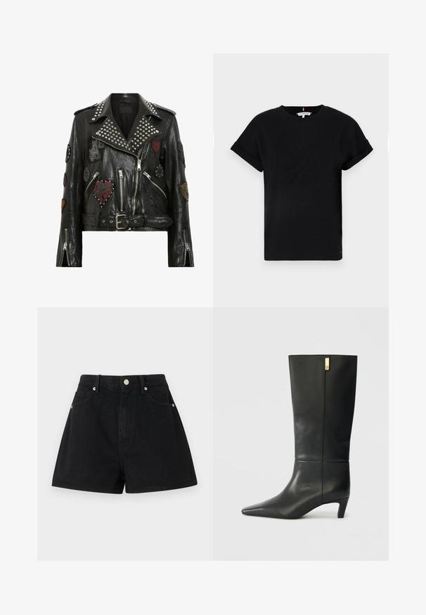 Casaco de motociclista em couro preto com tachas prateadas no colarinho, vários patches bordados, fecho assimétrico e cintura com cinto.; T-shirt preta de algodão com mangas curtas dobradas, apresentando um logotipo em relevo no centro e um pequeno detalhe de bandeira na lateral.; Calções de ganga pretos com cintura alta, cinco bolsos, acessórios em prata e um ajuste padrão, apresentando uma textura suave e um acabamento limpo.; Bota de couro preto até ao joelho com bico fino e um pequeno tacão. Apresenta um design elegante com um detalhe em dourado. Textura suave.
