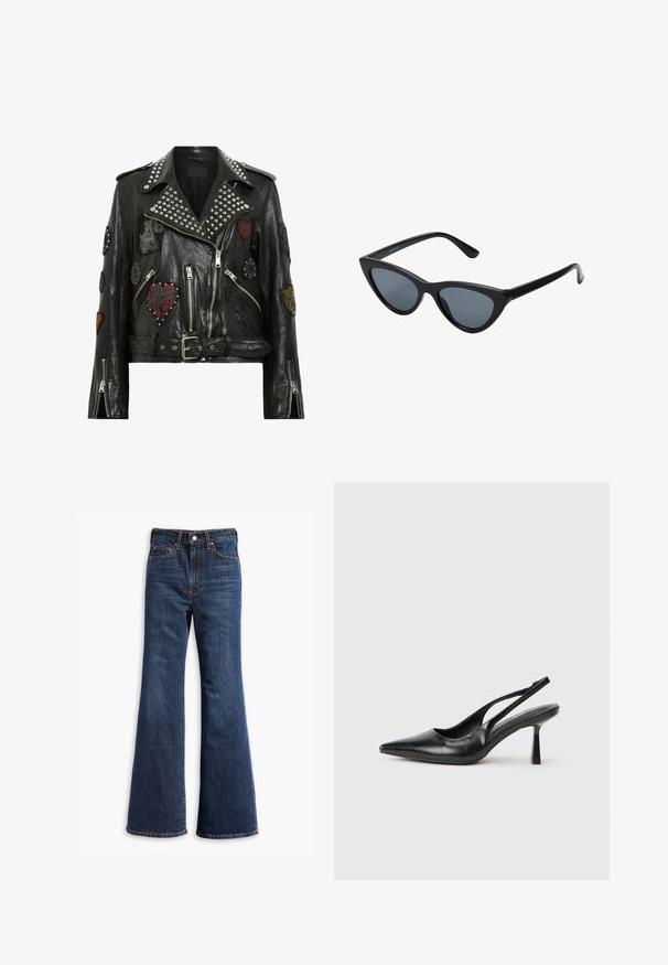 Black leather biker jacket with silver studs on collar, multiple embroidered patches, asymmetrical zipper, and belted waist.; Two sleeveless ribbed turtleneck tops in brown and black, displayed on a plain white background.; High-waisted dark blue denim jeans with flared legs, front button and zipper closure, and five-pocket design.; Black leather slingback high heel shoe with pointed toe and slim heel on a white background.; Black cat-eye sunglasses with dark gray lenses, sleek plastic frame, pointed corners, and straight temples. No visible hardware or accents.