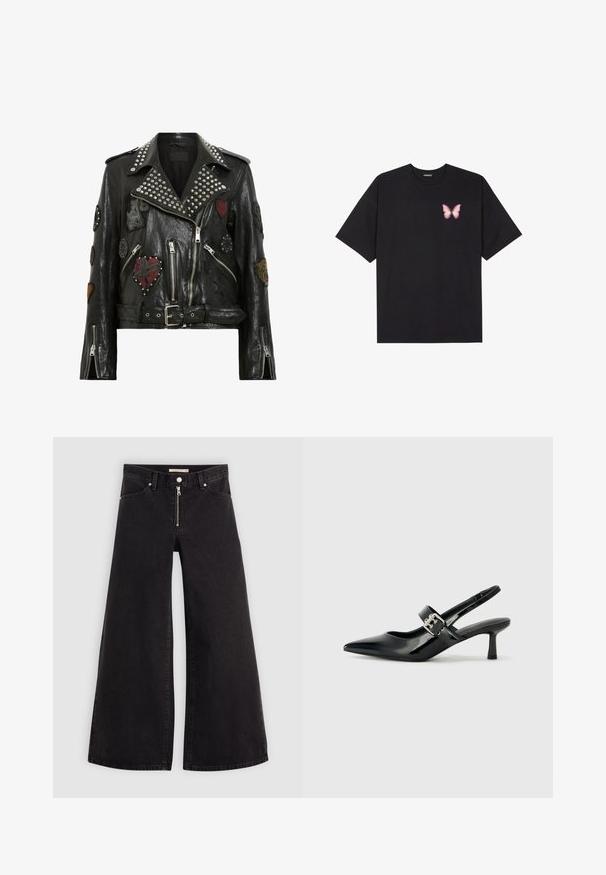 Svart läderbikerjacka med silvriga nitar på kragen, flera broderade lappar, sned asymmetrisk dragkedja och bälte i midjan.; Svart bomullströja med korta ärmar, med en liten rosa fjärilsgrafik på vänster bröst. Rundad halsdesign med en avslappnad passform.; Breda jeans i svart denim med dragkedja fram, femfickorsdesign och subtila sömdetaljer. Slät textur och avslappnad stil.; Svarta patentläder slingback-klackar med spetsig tå och en liten blockklack, med en silvrig spänneaccent på remmen.
