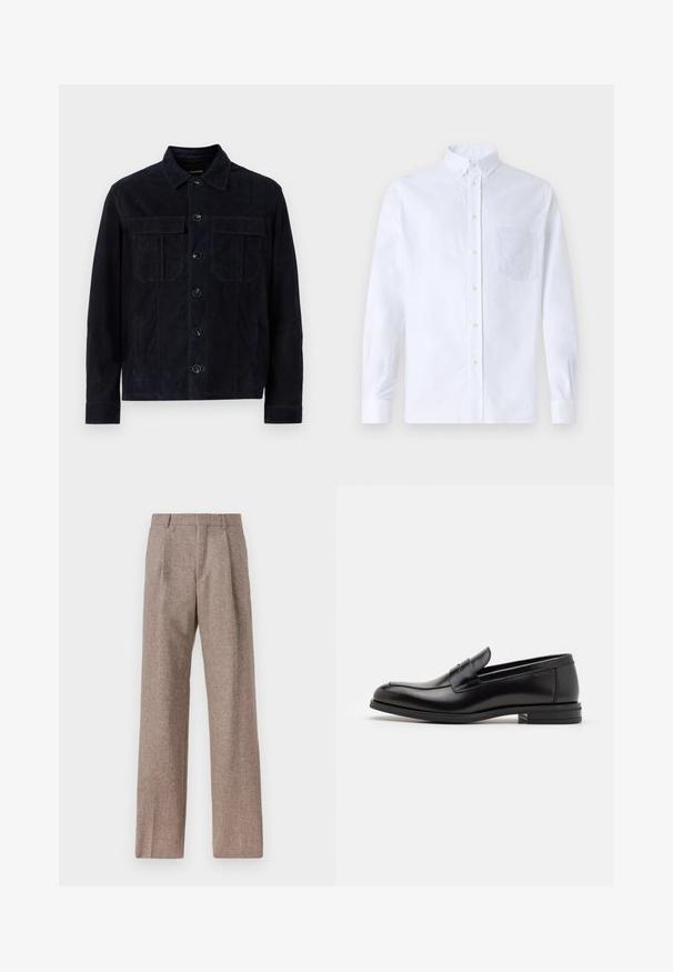 Tummansininen mokkajakku klassisella kauluksella, nappisuljenta, kaksi rintataskua ja sivutaskut; sileä rakenne, jossa on minimaalista yksityiskohtaisuutta.; Valkoinen pitkähihaista napillista paitaa, joka on valmistettu puuvillasta. Paita sisältää rinnan kohdalla taskun, jossa on samaa sävyä oleva brodeeraus, kauluksen sekä napilliset hihansuut.; Ruskejat, korkeavyötäröiset housut, jotka on valmistettu teksturoidusta kankaasta. Ominaisuuksina ovat leveät lahkeet ja kaksi etupuolelle ommeltua laskosta rakenteen tukemiseksi. Siisti viimeistely ilman näkyvää metalliosaa.; Mustat nahkakengät, joissa on sileä pinta, pyöreä kärki ja koristeellinen nauha jalkapöydän yli. Matala pinoitu koroke, minimalistinen muotoilu.