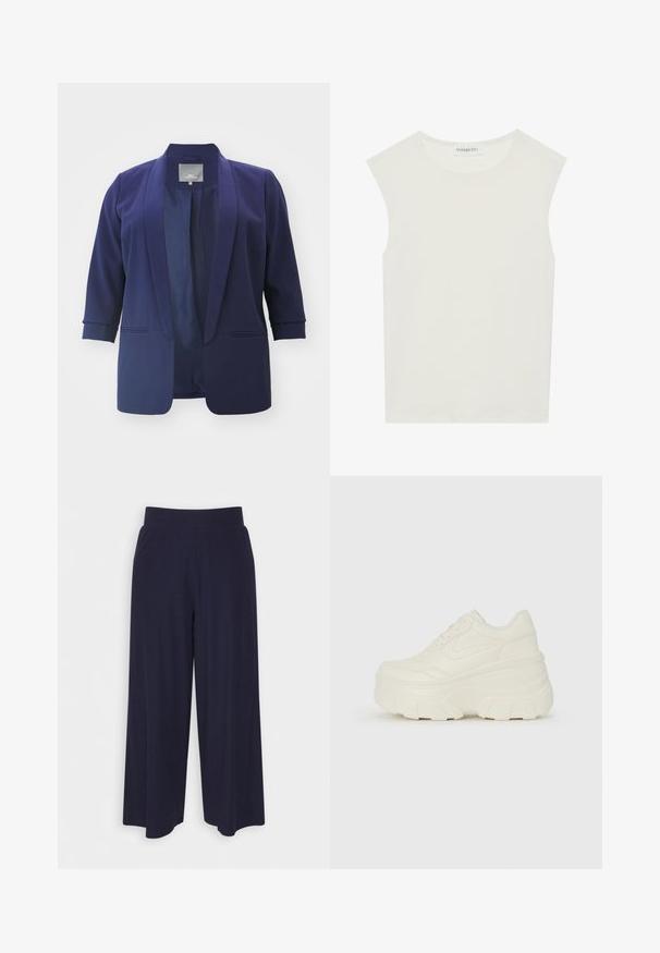 ONLY Carmakoma CARELLY 3/4 LIFE - Lühike jakk - evening blue; Valge ilma varrukateta topp ümmarguse kaelusega. Valmistatud siledast kangast, sellel on mugav lõige ja minimalistlik disain. Ei ole mustreid ega aksessuaare.; Tumed põlvpüksid tumedast meresinisest kangast, millel on sooneline tekstuur. Omab sujuvat vööd ja voolavat siluetti, ulatudes pooleni säärest.; Valged platvormi tõusukingad, millel on siledast nahast meenutav pealis, ümar kuju, pehmendatud kaelus ja tekstureeritud kummitald koos selgete hüdrofoobsete mustritega.