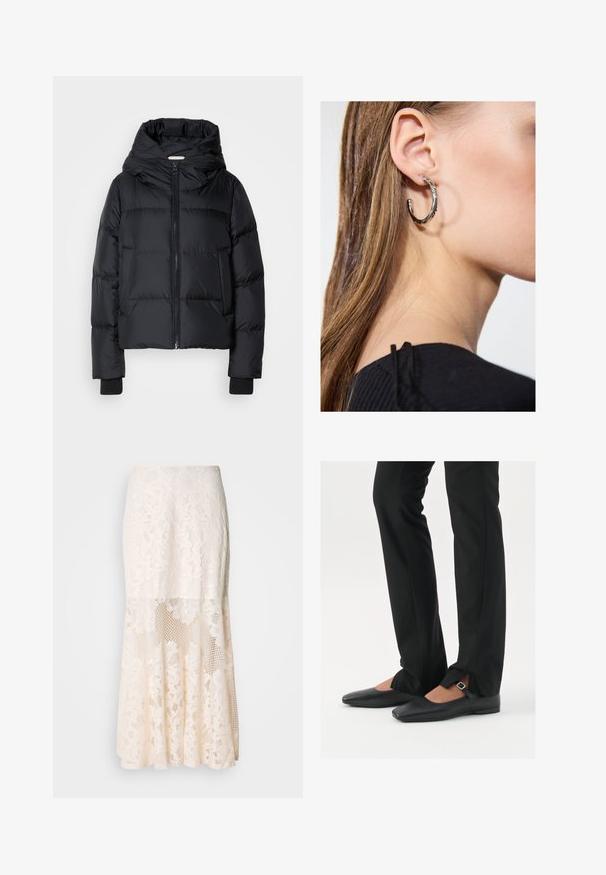 Crna podstavljena jakna s kapuljačom, prednjim patentnim zatvaračem i elastičnim manžetama. Glatka tekstura s horizontalnim quilting detaljima.; Crna majica bez rukava od mekog, rastezljivog materijala. Ima okrugli izrez i široke naramenice, s prilagođenim krojem i glatkom teksturom.; Krem suknja midi od cvjetne čipke; sadrži slojeviti dizajn s prozirnim dijelovima, teksturiranom čipkom i raširenim rubom.; Crne kožne balerinke s uskim vrhom, trakica sa srebrnom kopčom, u kombinaciji s crnim krojenim hlačama s otvorenim rubom.; Srebrna kružna naušnica s poliranim završetkom, koja ima male zlatne detalje i okrugli oblik, nošena na uhu.