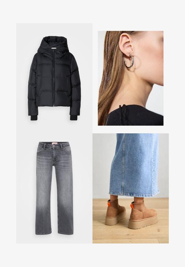 Veste rembourrée noire avec capuche, fermeture éclair à l'avant et poignets élastiqués. Texture lisse avec des détails de matelassage horizontal.; Even&Odd Petite 2 PACK - Débardeur - light grey/black; Jean en denim gris avec un design à jambe droite, style cinq poches, décoloration subtile et fermeture à bouton à la taille.; Bottes en suède brun à plateforme avec des panneaux latéraux élastiques et des languettes orange, associées à une jupe en denim clair arrivant au genou sur un sol en bois.; Boucle d'oreille en argent avec une finition polie, présentant de petits détails en or et de forme ronde, portée sur le lobe.