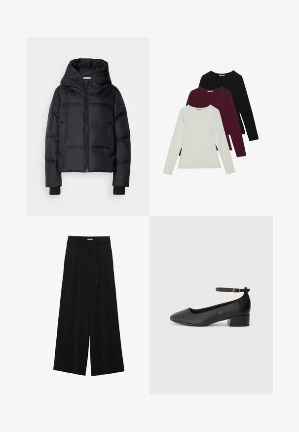 Czarna pikowana kurtka z kapturem, z przednim zapięciem na zamek oraz elastycznymi mankietami. Gładka faktura z poziomym pikowaniem.; Koszulki z długim rękawem w kolorach białym, burgundowym i czarnym. Wykonane z miękkiej tkaniny, z okrągłym dekoltem i dopasowanym krojem. Idealne do warstwowego ubierania.; Czarne spodnie szerokie z teksturowanej tkaniny, z elastycznym paskiem w talii i odpinanym paskiem w talii dla regulowanego dopasowania.; Czarne skórzane szpilki z ostrym noskiem i niskim słupkowym obcasem. Wyposażone w pasek na kostkę z złotym zapięciem. Gładka tekstura.