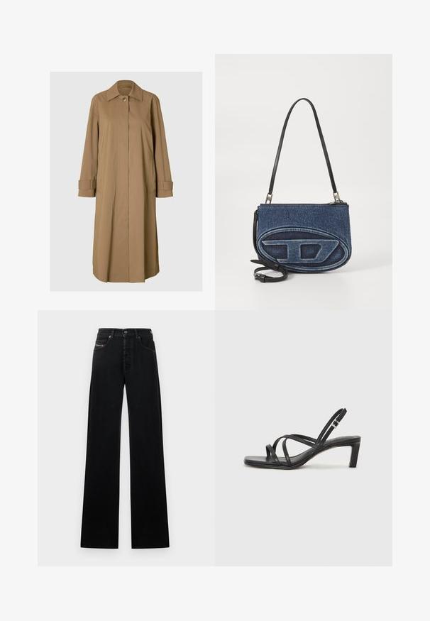 Abrigo beige de longitud media con silueta recta, cierre de botones y dos bolsillos laterales. Presenta un clásico cuello y detalles en los puños.; Top de punto sin mangas negro con escote redondo; presenta un logo ovalado texturizado en el centro y acentos de canalé alrededor de las sisas.; Jeans negros de pierna ancha hechos de mezclilla, con cierre frontal de botones, cinco bolsillos y un pequeño parche con el logo en la cintura.; Sandalia negra de tiras con punta cuadrada y tacón bajo de bloque. Presenta múltiples tiras delgadas y una correa ajustable en el tobillo. Fabricada en cuero suave.; Bolso crossbody de denim con una correa de cuero negro, diseño de logo ovalado en la parte delantera y cierre de cremallera en la parte superior. Acabado texturizado.