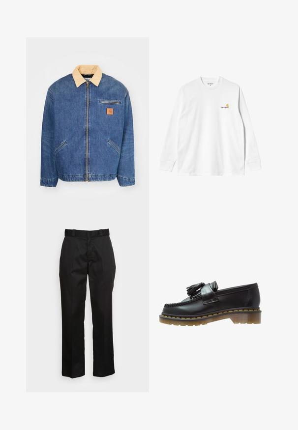 Jeansjakke med en lys tan-farge på kragen, frontlås og to sidelommer. Har et lite brunt logo-patch på brystet.; Langermet hvit bomulls T-skjorte med rund hals, med en liten gul og burgunder logo på venstre bryst. Sømløse mansjetter og nederkant.; Svarte bukser laget av et glatt stoff, med rette ben, belteholdere og to sidelommer. Klassisk utseende uten pynt.; Sorte lærloafers med en teksturert finish, med en dekorativ dusk og kontrasterende gul søm, på en chunky, transparent såle.
