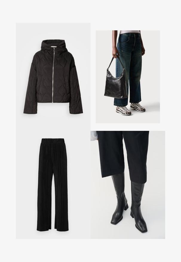 Mustat vanutettu takki huppuineen, jossa on edessä vetoketju ja pörröinen pinta. Suunniteltu löysäksi ja sivutaskuilla.; Mustat ribbitetut pitkähihaiset tiukat neuleet, joissa on pyöreä pääntie, esillä yksinkertaisella vaalealla taustalla.; Mustat pleatatut housut, joissa on joustava vyötärö. Ominaisuuksiin kuuluvat leveät lahkeet ja sileä, teksturoitu kangas, jossa on pystysuoria raitoja.; Musta nahka polvipituiset saappaat, joissa on neliön muotoinen kärki ja korkea paksu kanta. Sisältää sivuvetoketjun ja sileän pinnan.; Musta nahkainen olkalaukku, jossa on sileä pinta ja säädettävä hihna, yhdistettynä haalistuneisiin leveälahkeisiin farkkuihin ja urheilukenkien kanssa.