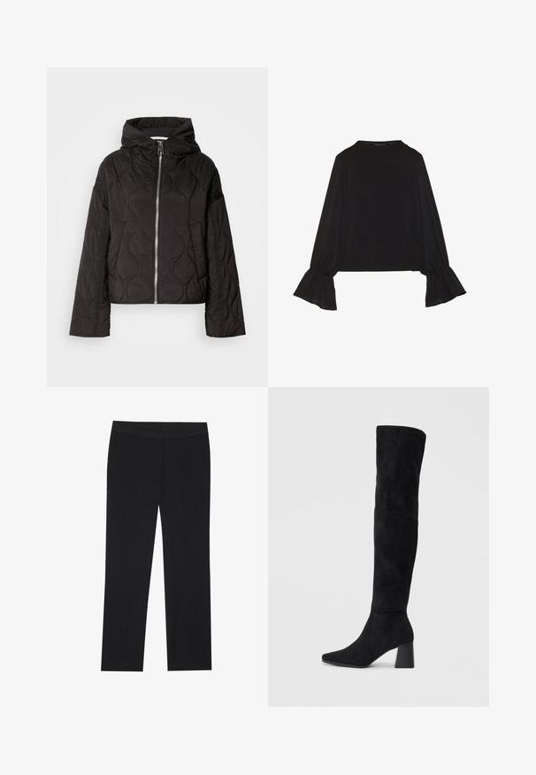 Melna izšūta jaka ar kapuci, ar priekšējo rāvējslēdzēju un pūkainu tekstūru. Izstrādāta ar brīvu piegriezumu un sānu kabatām.; Melna garām piedurknēm krekls ar izplestu aproču, maigu tekstūru un brīvu piegriezumu, ar vienkāršu apaļu dekoltē.; Melni bikses ar taisnu kāju dizainu, ar sānu kabatām un gludu auduma tekstūru. Minimāla apdare, tīra jostasvieta.; Melna zamšāda līdz ceļiem, ar blokveida papēdi, norādītu purngalu un gludu, bezšuvju dizainu uz vienkārša gaiša fona.