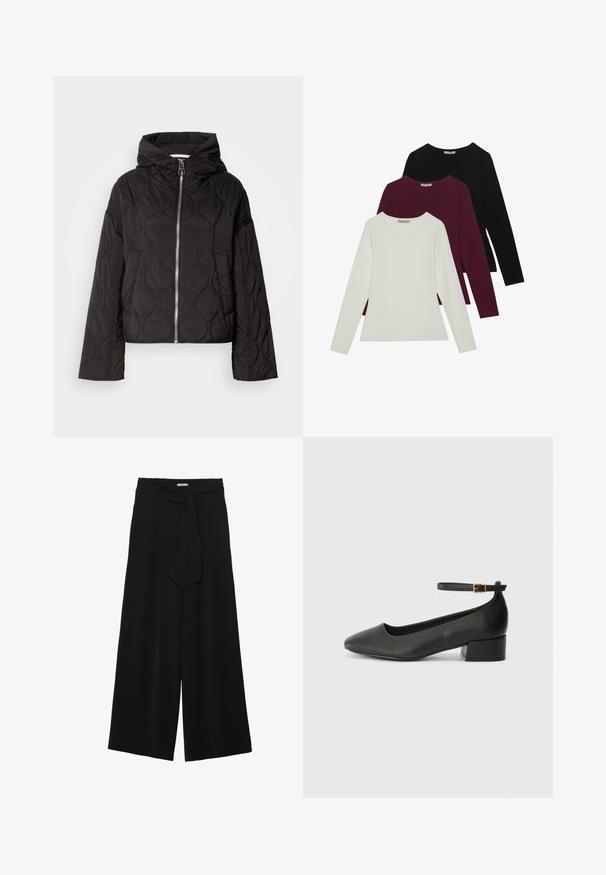 Giacca trapuntata nera con cappuccio, dotata di zip frontale e texture gonfiata. Progettata con una vestibilità ampia e tasche laterali.; T-shirt a maniche lunghe in bianco, bordeaux e nero. Realizzate in tessuto morbido con scollatura rotonda e design aderente. Adatte per essere indossate a strati.; Pantaloni neri a gamba larga caratterizzati da un tessuto testurizzato, una vita elastica e una cintura staccabile per una vestibilità regolabile.; Pump in pelle nera con punta affusolata e tacco basso a blocco. Presenta una cinghia alla caviglia con una fibbia in tonalità oro. Texture liscia.