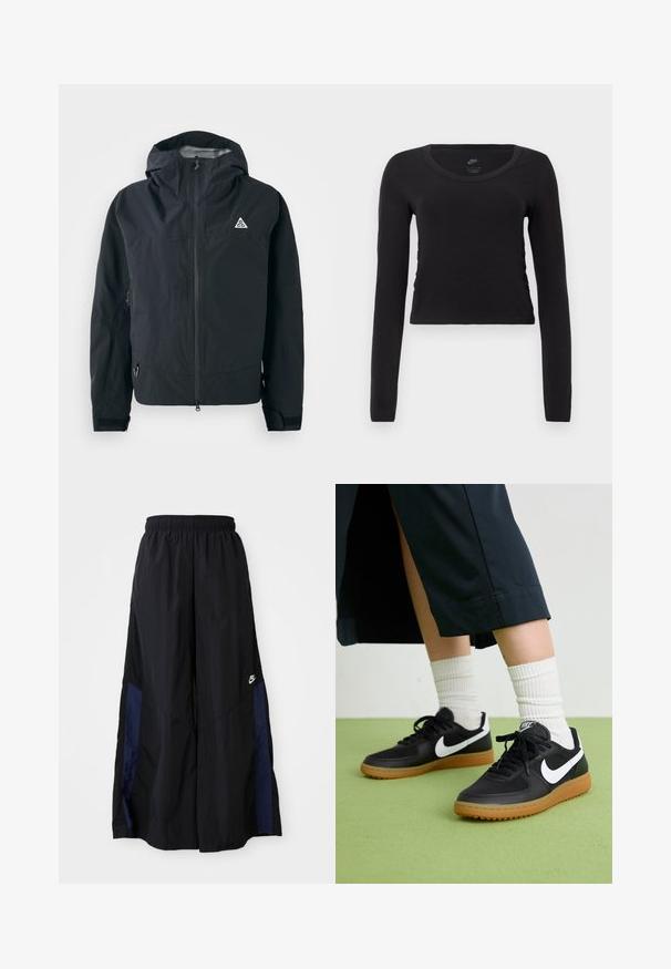 Juodas gobtuvas striukė su priekiniais užtrauktukais, reguliuojamomis rankovėmis, šoniniais užtrauktukų kišenėmis ir mažuoju trikampiu logotipu ant krūtinės.; Ilgi rankoviai, trumpas marškinėliai iš vienspalvės juodos medvilnės. turi apvalų iškirpimą ir lengvą šoninių susiraukšlėjimų detalę, suteikiančią prigludusį vaizdą.; Juodos plačios kojų kelnės, pagamintos iš lengvos medžiagos, su tamsiai mėlyna šonine juostele ir elastinga juosmens juosta. Maža balta logotipo etikete apačioje.; Juodos odinės ir sintetinių medžiagų sportbačiai su balta Nike swoosh, guminis padas, apvalus pirštas ir juodi raišteliai. Matomos banguotos baltos kojinės.