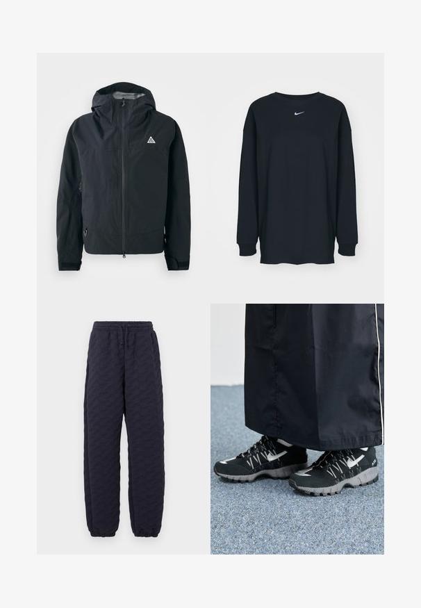 Casaco preto com capuz, fecho frontal, punhos ajustáveis, bolsos laterais com zíper e pequeno logotipo triangular no peito.; Camisola preta de mangas longas feita de algodão com decote redondo. Apresenta um logótipo branco da Nike no peito. Textura suave, design simples.; Calças acolchoadas de azul marinho escuro com um cós e punhos elásticos, apresentando um padrão texturizado de formas abstratas por todo o tecido.; Tênis atléticos pretos com um cabedal texturizado, detalhes prateados e um solado estampado, combinados com uma peça longa preta. Ambientado sobre um tapete azul.