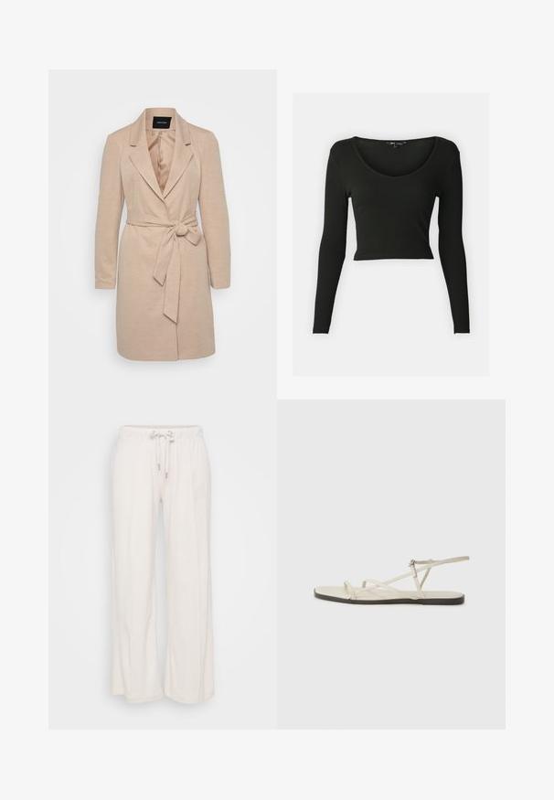 Bež plašč z dolgimi rokavi, z navihanim ovratnikom in zavezanim pasom. Teksturiran material s gladko notranjo podlogo.; Črn dolg rokav majica s kratkim krojem iz rebraste tkanine z globokim V-izrezom. Ima oprijete rokave in gladko teksturo.; Svetlo bež široke hlače z elastičnim pasom in vezalko. Narejene so iz mehkega materiala z navpičnimi šivi, ki tečejo po sprednji strani.; Beige ravne sandale z več tankimi trakovi in nastavljivim zaponcem. Podplat je raven z rahlo temnim kontrastom na robu.