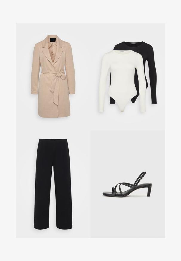 Beige wrap coat with long sleeves, notched lapels, and a tied waist belt. Textured fabric with a smooth inner lining.; Two long-sleeve bodysuits in white and black. Made of smooth fabric, featuring round necklines and a thong bottom for streamlined wear.; Black wide-leg pants with an elastic waistband. Made from a textured material, featuring a loose fit and straight cut from hips to hem.; Black strappy sandal with a square toe and a low block heel. Features multiple thin straps and an adjustable ankle strap. Made of smooth leather.