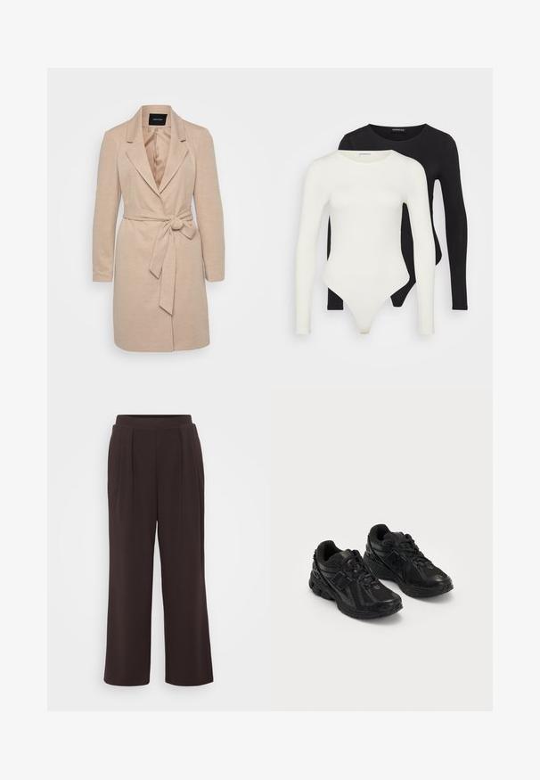 Beige színű, hosszú ujjú, átkötős övvel ellátott derékra simuló kabát. Texturált anyag, sima béléssel.; Két hosszú ujjú bodyn fehér és fekete színben. Simább anyagból készült, kerek nyakkivágással és tanga fazonú alsó résszel a simább viselet érdekében.; Sötétbarna, bő szabású nadrág pliszékkal, sima anyagból készítve. Egyszínű és rugalmas derékrésszel a kényelem érdekében.; Fekete sportcipők hálós és szintetikus anyagból. Jellemzője a párnázott talp, a texturált minták és a dombornyomott márkázás az oldalon.