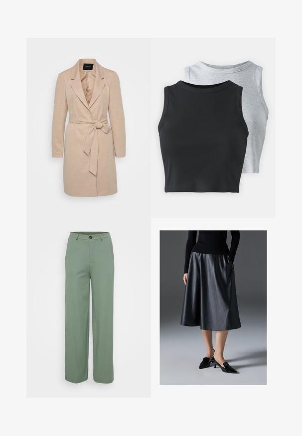 Casaco bege de tecido envolvente com mangas longas, lapelas recortadas e cinto amarrado na cintura. Tecido texturizado com um forro interno suave.; Even&Odd Petite 2 PACK - Top - light grey/black; Calças de perna larga em tecido verde claro com uma textura suave. Apresenta um fecho frontal com botão e dois bolsos laterais.; Saia midi de couro preto com textura suave; apresenta um cós e bolsos laterais. Combinada com sapatos de salto pretos brilhantes.