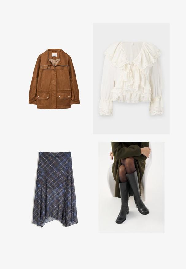 Brun imitationmocka jacka med krage, dragkedja framtill, två bröstfickor och två nedre fickor med lock. Slät textur och avslappnad passform.; Vit blus med ett lager-på-lager, volangdesign, spetsdetaljer på ärmar och nederkant samt en V-ringning med snörning.; Svart rutigt kjol med blå och bruna linjer, flödande design, medellång, tillverkad av lättviktsmaterial med en slät textur.; Knähöga svarta läderstövlar med fyrkantig tå och klack i blockmodell, visade med en modell sittande i en olivgrön kappa. Slät textur, minimal detaljering.