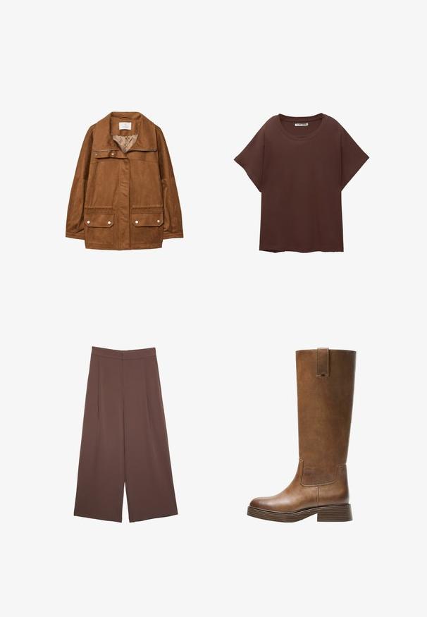 Giubbotto in finta suède marrone con collare, zip frontale, due tasche sul petto e due tasche inferiori con pattina. Texture liscia e vestibilità comoda.; Maglietta oversized marrone in cotone, con colletto rotondo, maniche corte e vestibilità comoda. Texture liscia senza motivi visibili.; Pantaloni ampi marroni con una texture liscia, caratterizzati da una vita alta e pieghe frontali. Il tessuto è leggero e scorre liberamente.; Stivale marrone in pelle alto fino al ginocchio, con punta tonda, superficie testurizzata e tacco basso impilato. Presenta un pannello laterale e una linguetta di apertura in cima.
