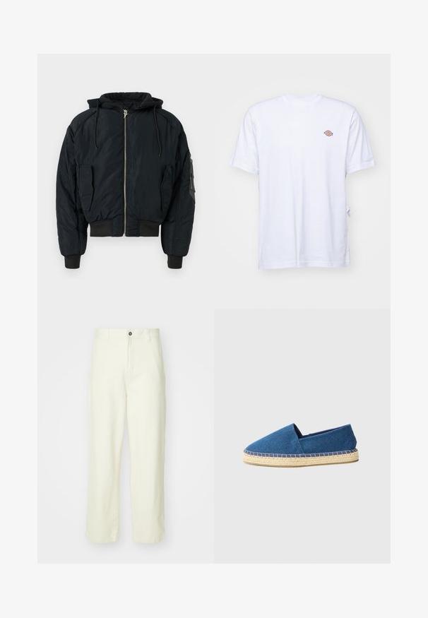 Black padded bomber jacket with a hood, zippered front, and ribbed cuffs. Features two side pockets and one sleeve pocket for storage.; White cotton t-shirt with a v-neck and short sleeves. Features a small colorful embroidered logo on the left chest. Soft texture.; Light yellow cotton trousers with a straight-leg cut, featuring a front button closure, belt loops, and a clean, minimalist design.; Blue canvas espadrille with a closed toe, jute outsole, and stitched trim. Smooth fabric texture and low profile design.