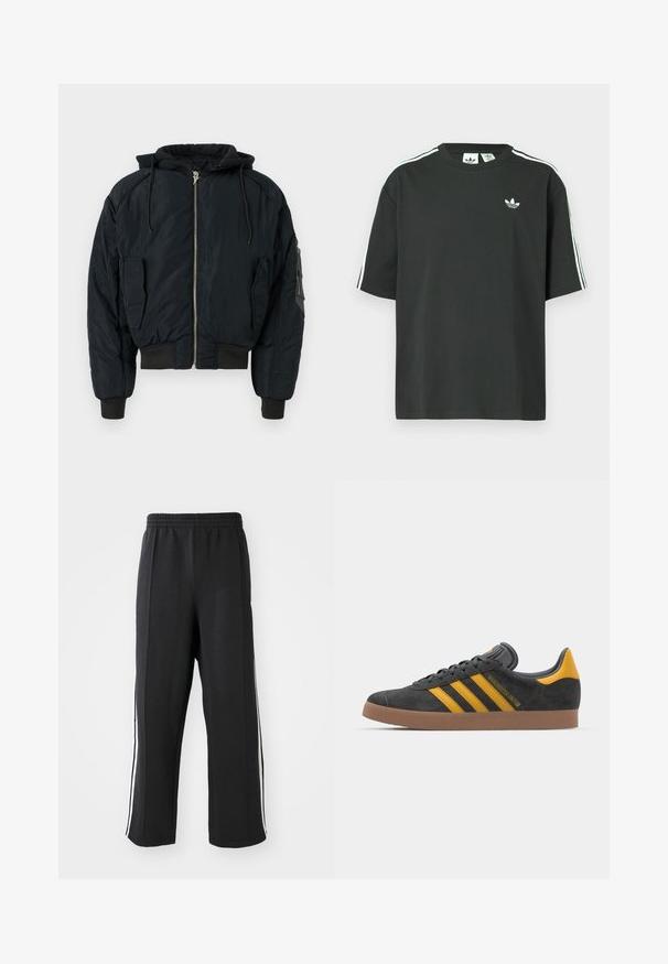 Black padded bomber jacket with a hood, zippered front, and ribbed cuffs. Features two side pockets and one sleeve pocket for storage.; Black cotton t-shirt with short sleeves, crew neckline, and white three-stripe detailing on shoulders. Features a small white logo on chest.; Black sweatpants with an elastic waistband, featuring white side stripes and a relaxed fit. Made from soft, stretchy fabric.; Black suede sneaker with yellow accents, featuring three stripes and a brown rubber sole. Includes a padded tongue for comfort.