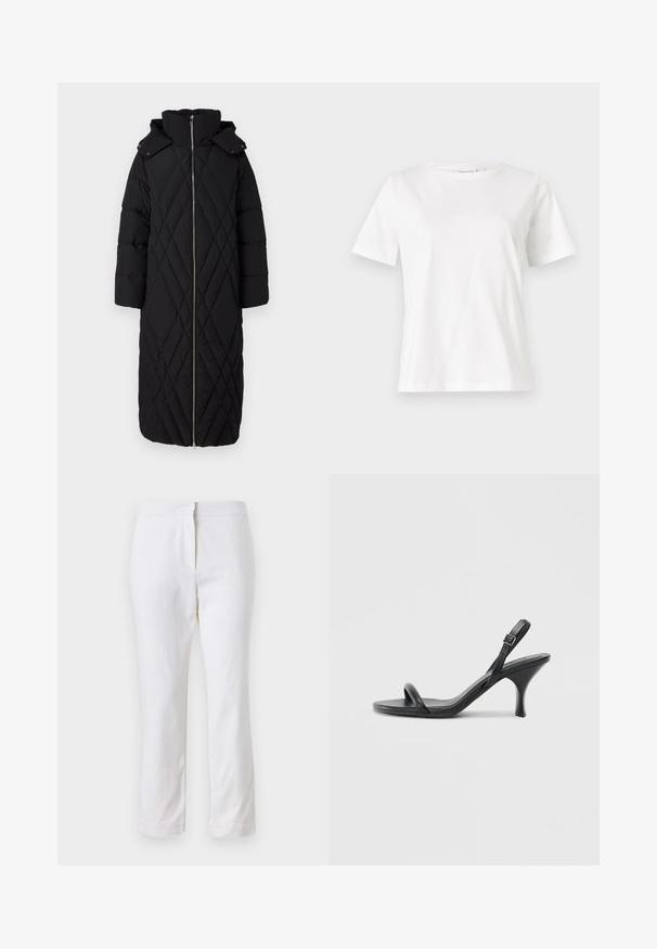 Dlouhý černý prošívaný péřový kabát s diamantovým prošíváním, plným předním zipem, vysokým límcem a odnímatelnou kapucí na patentky.; Bílý bavlněný tričko s krátkým rukávem, kulatým výstřihem a volnějším střihem. Hladká textura, bez vzorů nebo akcentů, minimalistický design.; Bílé bavlněné kalhoty s rovnou nohavicou, s středně vysokým pasem a bez viditelných kovových prvků nebo vzorů. Hladká textura po celém povrchu.; Černé kožené sandály na vysokém podpatku s úzkým, zakřiveným podpatkem a designem s překříženými popruhy. Nastavitelný pásek kolem kotníku. Hladký povrch.