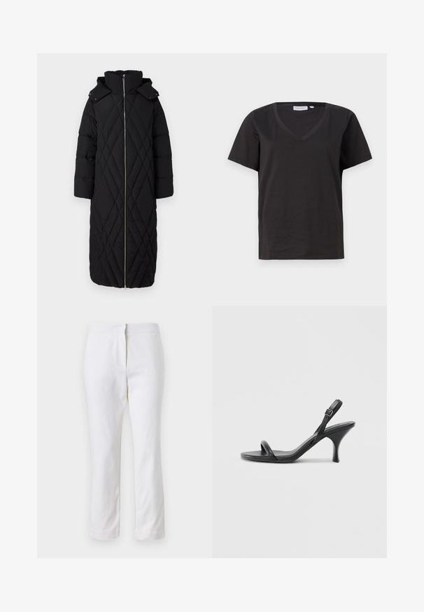 Dolga črna quiltirana puffer jakna z diamantskim šivom, poln sprednji zadrgo, visok ovratnik in snemljiva kapuca na gumb.; Črna bombažna majica s kratkimi rokavi in V-izrezom. Preprost dizajn z običajnim krojem in brez vzorcev ali dodatkov.; Beli bombažne hlače s ravnim krojem, srednje visoko pasom, brez vidnih kovinskih elementov ali vzorcev. Gladka textura po vsej površini.; Črne usnjene visoke sandale s tankim, ukrivljenim petam in obliko križanih trakov. Nastavljiv trak okoli gležnja. Gladka tekstura.