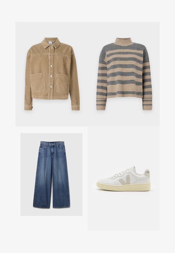 Ruskea corduroyjakkupuku, jossa on kauluksellinen kaulaosa, nappikiinnitys, kaksi etutaskua ja ribattu pinta.; Raidallisen neulepaidan harmaan ja beigen sävyiset värit, korkea kaulus, leveät hihansuut ja rento istuvuus lyhyellä leikkauksella.; Vaaleansiniset, leveälahkeiset farkut, joissa on haalistunut viimeistely. Ne sisältävät napin ja vetskarin, viisi taskua sekä vyölenkit.; Valkoiset nahkakengät, joissa on vaaleanruskeat pigmenttisuojat, rei'itetty kärki, litteät nauhat ja teksturoitu kermaisa pohja. Takana on huomaamaton brändäys.