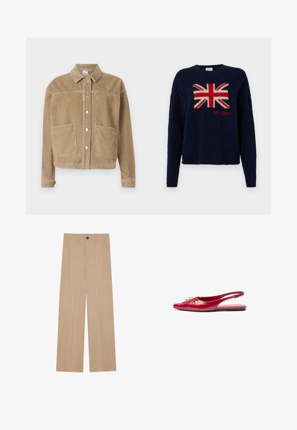 Bruine corduroy jas met een kraag, knopen sluiting, twee voork pocketen en ribbelstructuur.; Pepe Jeans CAITLIN - Trui - dulwich blue; Beige wijde broek met een gladde textuur, voorzien van twee zijzakken, een frontale knoopsluiting en subtiele plooien voor een extra detail.; Rode leren slingback platte schoen met een puntige neus en een decoratieve vetersluiting aan de voorkant, voorzien van een slanke enkelband en een platte zool.