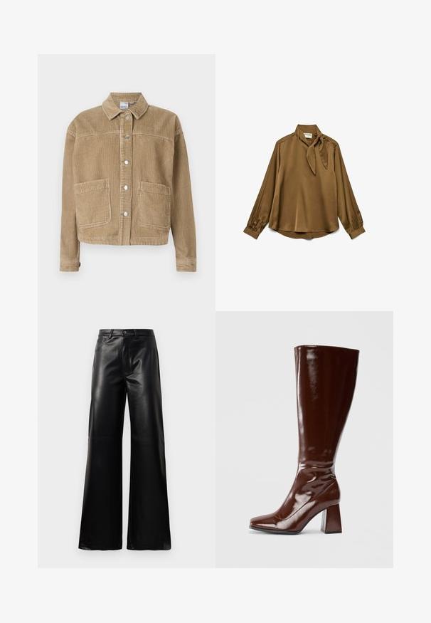 Brūna korduroja jaka ar apkakles kaklu, pogu priekšpusi, divām priekšējām kabatām un ribotu tekstūru.; Brūns zīda blūze ar kakla saiti, garām piedurknēm un pogu akcentiem plecos. Maiga tekstūra un brīva piegriezuma.; Melnas augstās jostas platajās kājās sintētiskās ādas bikses ar priekšējo pogu, rāvējslēdzēju, jostas cilpām un sānu kabatām uz baltā fona.; Cēloji līdz ceļiem brūni laku ādas zābaki ar kvadrāta purngalu, spīdīgu apdari un masīvu papēdi stabilitātei. Bezšuvju dizains bez redzamām detaļām.