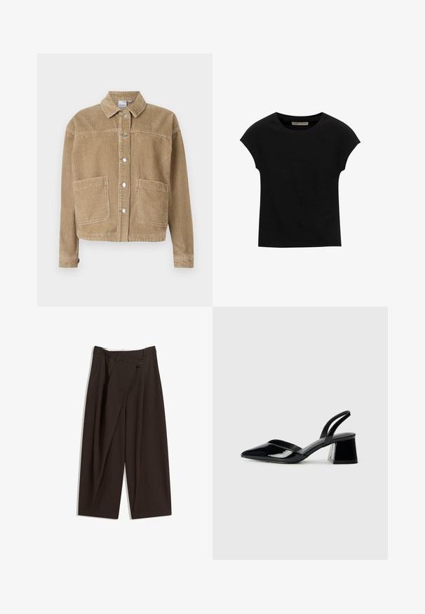 Brun kordfløjljakke med krave, knaplukning, to frontlommer og ribbet tekstur.; Sort t-shirt med korte ærmer lavet af blødt stof, med rund halsudskæring og en afslappet pasform, med en glat tekstur og uden mønstre.; Mørkebrune brede bukser med høj talje, udstyret med en enkelt knaplukning og en plisseret front. Lavet af letvægtsstof.; Sorte patentlæder slingback hæle med spids tå og en geometrisk blok hæl. Har et elegant, minimalistisk design og en glat tekstur.