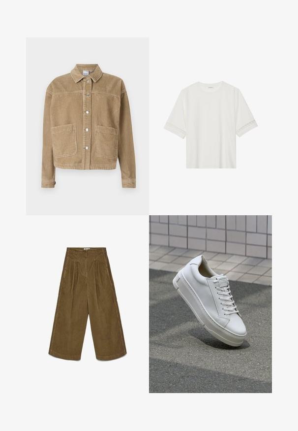 Brūna korduroja jaka ar apkakles kaklu, pogu priekšpusi, divām priekšējām kabatām un ribotu tekstūru.; Balta īsām piedurknēm T-kreklu, izgatavotu no kokvilnas, ar dekoratīvu mežģīņu apdari ap piedurknēm un apaļu kakla izgriezumu.; Brūni plaša kāju korduroja bikses ar augstu jostasvietu, priekšējiem krokiem, sānu kabatām un pogu aizdari.; Baltas ādas sporta apavi ar zemu augšanas dizainu, plakaniem šņorēm, noapaļotu purngalu un teksturētām malām. Bieza gumijas zole ar smalkām akcentiem.