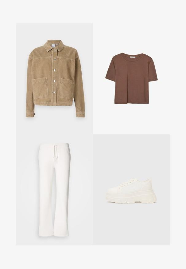Braune Cordjacke mit Kragen, Knopfleiste, zwei vorderen Taschen und gerippter Textur.; Braunes, kurzärmliges T-Shirt aus weichem Material mit rundem Halsausschnitt und lockerer Passform. Keine sichtbaren Muster oder Akzente.; Weiße, locker sitzende Schlafanzughosen aus weichem Material, mit einem elastischen Bund und Kordelzug sowie geradem Bein.; Weiße Leinensneaker mit einer massiven Sohle, abgerundeter Spitze und fünf Ösen für Schnürsenkel. Hinterer Tab für ein einfaches Anziehen. Glatte Textur, minimalistisches Design.