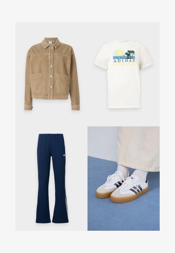 Braune Cordjacke mit Kragen, Knopfleiste, zwei vorderen Taschen und gerippter Textur.; Weißes Baumwoll-T-Shirt mit einem grafischen Design, das eine Sonne, Palmen und Wasser zeigt. "ADIDAS Sports Club" in grün und gelb aufgedruckt.; Marineblaue, gerippte, ausgestellte Trainingshosen mit weißen Seitenstreifen und einem gestickten Logo auf der linken Seite, ausgestattet mit zwei Seitentaschen.; Weiße Sneaker mit schwarzen Streifen und beigen Wildlederakzenten. Besitzen eine strukturierte Gummisohle und flache weiße Schnürsenkel, getragen mit hellen Socken.