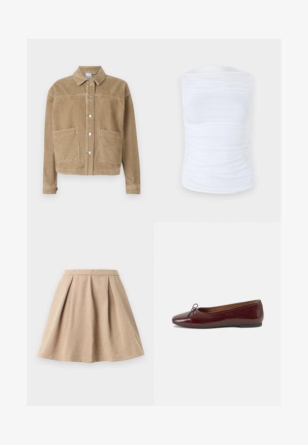 Giacca in corduroy marrone con colletto, chiusura a bottoni, due tasche frontali e texture a coste.; Top bianco senza maniche realizzato in un tessuto morbido ed elastico, con dettagli arricciati lungo i lati, dotato di scollatura rotonda e silhouette aderente.; Gonna plissettata color tan realizzata in tessuto testurizzato, con una vita aderente e un design svasato che arriva fino a metà coscia.; Ballerine in pelle verniciata bordeaux con punta arrotondata, piccolo fiocco decorativo sulla parte anteriore e suola bassa in gomma nera. Texture liscia.