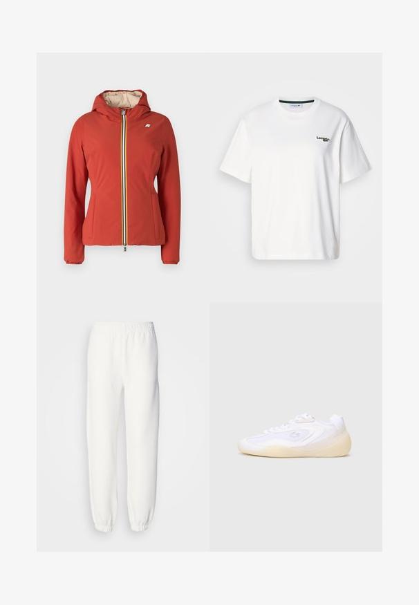 K-Way REVERSIBLE WARM DOUBLE - Jachetă subțire - red/pink; Tricou alb din bumbac, cu o croială lejeră, având un logo brodat verde pe pieptul stâng și un guler rotund. Textură netedă.; Pantaloni de trening albi dintr-un material tricotat moale. Talie și manșete elastice pentru un confort sporit. Design minimalist, fără modele sau accente vizibile.; Adidași albi cu talpă bej, design cu șireturi, material texturat și un mic logo de crocodil pe lateral.