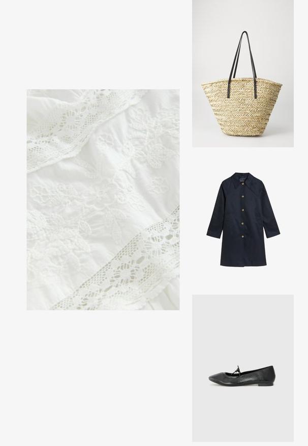 Navyblauwe regenjas met een kraag, knopenluiting en twee zijzakken. Gemaakt van een gladde stof, met messing knopen en een rechte snit.; Witte stof met ingewikkelde bloemenborduursels en delicate kanten afwerking. Zachte textuur met gelaagde ontwerpelementen door het geheel.; Zwarte leren balletschoenen met een spitse neus, textuur oppervlak en een klein strikje op de wreef. Lage, platte hak.; Gevlochten stro tote bag met een brede, taps toelopende vorm, voorzien van twee zwarte leren handvaten. Natuurlijke beige kleur met een gestructureerd oppervlak.