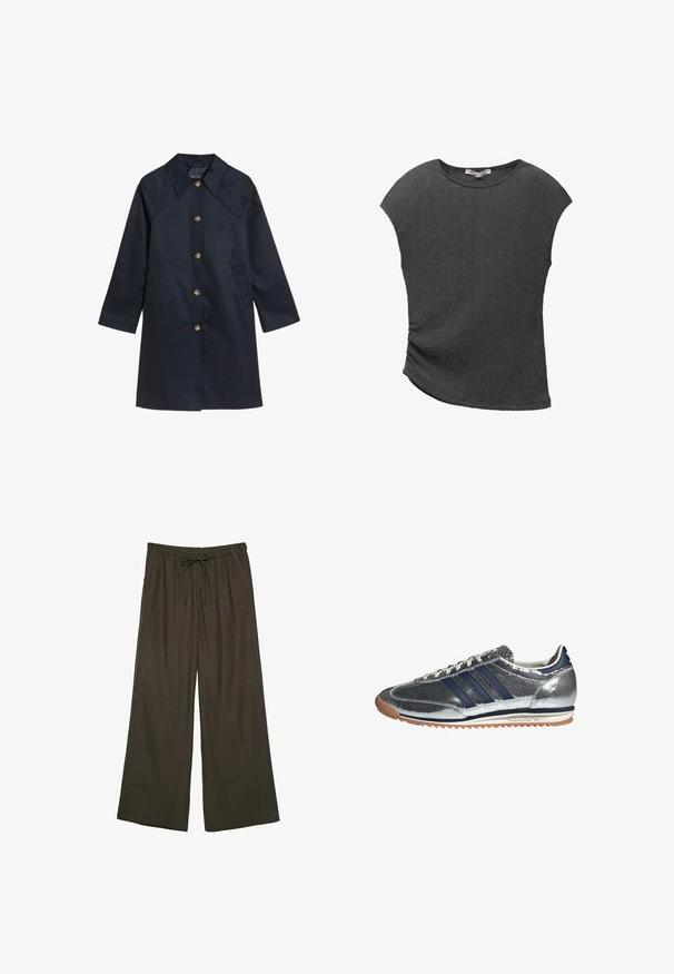 Granatowy płaszcz przeciwdeszczowy z kołnierzem, zapinany na guziki, z dwoma bocznymi kieszeniami. Wykonany z gładkiego materiału, z mosiężnymi guzikami i prostym krojem.; Szary top z krótkim rękawem o teksturowanej, ryżowej fakturze. Posiada zaokrąglony dół i luźny krój, idealny do codziennych stylizacji.; Ciemnobrązowe spodnie typu wide-leg z elastycznym pasem i regulowanym sznurkiem. Wykonane z miękkiego, lekkiego materiału.; Srebrne syntetyczne sneakersy z granatowymi paskami, okrągłym noskiem, białym wykończeniem i gumową podeszwą. Posiadają fakturowaną cholewkę i sznurowane zamknięcie.