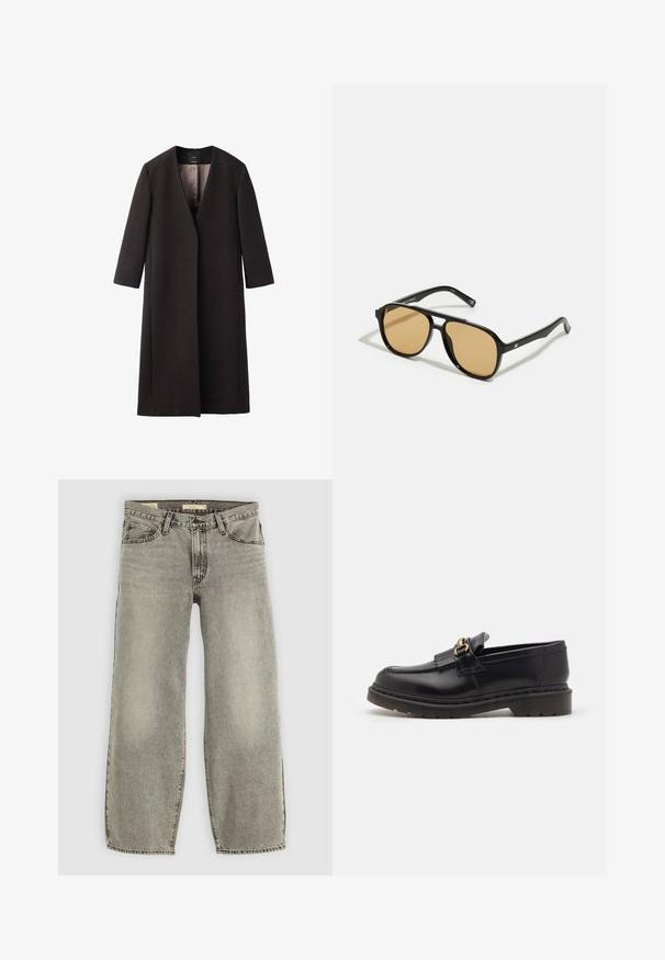 Palton lung, maro închis, cu decolteu în V, croială dreaptă și mâneci trei sferturi. Textură netedă, cu un design minimalist și fără hardware vizibil.; Tricou oversized alb din bumbac, cu mâneci scurte, guler rotund și tiv drept, fără niciun model sau accent.; Jeans din denim gri deschis, cu picioare largi. Prezintă un stil tradițional cu cinci buzunare și o ușoară decolorare pe întreaga țesătură.; Loafers din piele neagră cu vârf rotunjit, franjuri decorative și accente din hardware auriu. Talpă groasă din cauciuc pentru aderență și durabilitate sporită.; Ochelari de soare negri cu lentile de culoare maro; formă rectangulară cu un cadru gros, inclusiv accente hardware subtile pe mânere.