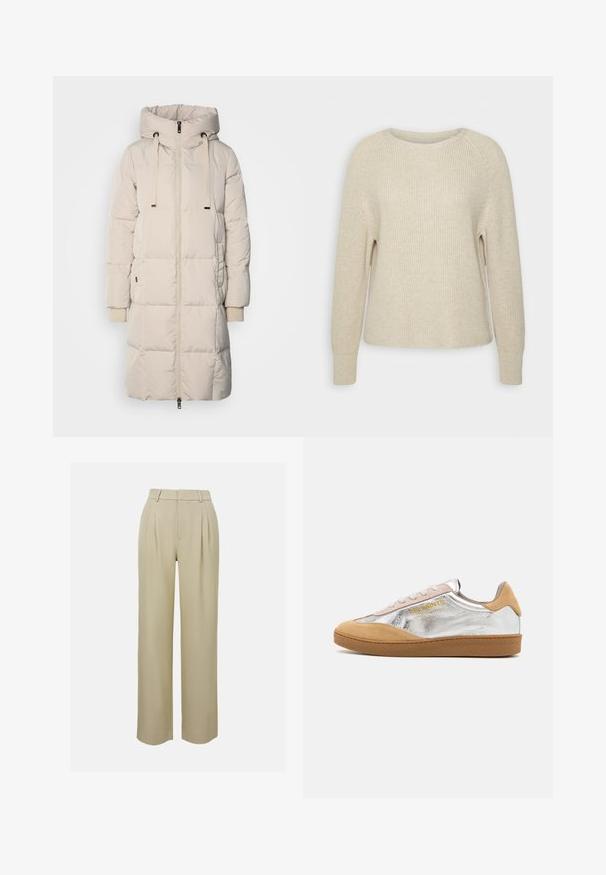 Ilgas, šviesiai smėlio spalvos pūkuotas paltas su gobtuvu, priekiniais užtrauktukais, stringamu juostele ir ažūriniais rankogaliais. Lygus paviršius su siuvinėtu raštu.; Šviesiai rožinė megzta palaidinė su apvaliu iškirpimu, raglaninėmis rankovėmis ir raukšlėtomis rankogaliais. Audinys minkštas, su laisvu kirpimu ir minimaliais dekoratyviniais elementais.; Smėlio spalvos plačios kelnės, pagamintos iš lygaus audinio, su priekinių raukšlelių, pritaikyta juosmens ir šoninėmis kišenėmis. Tvarkingai apdirbtas apvadas.; Sidabriniai ir smėlio spalvos suknelės batai su tekstūruotu guminio pėdelio, smėlio spalvos raišteliais ir geltona logo, atspausdinta ant šono.