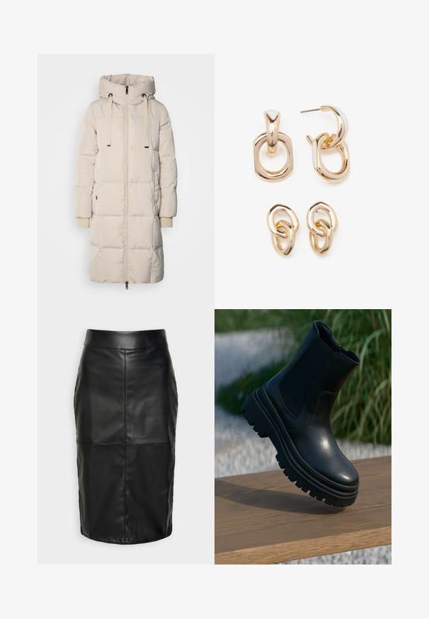 Manteau rembourré long, beige clair, avec capuche, fermeture éclair devant, cordon de serrage et détails à bord côtelé. Texture lisse avec un design matelassé.; Pull tricoté bleu clair coupé court avec un col plat et une fermeture à cinq boutons. Comprend des manches longues et une texture côtelée à l'ourlet.; Jupe en cuir noir avec une texture lisse, présentant une taille haute et des coutures piquées qui créent une silhouette structurée et discrète.; Bottine en cuir noir avec une semelle épaisse, des panneaux latéraux élastiqués et une finition lisse. Design surélevé avec des détails de semelle contrastants.; Boucles d'oreilles dorées présentant un mélange de formes géométriques : un carré, un cercle et des designs ovales entrelacés avec une finition polie.