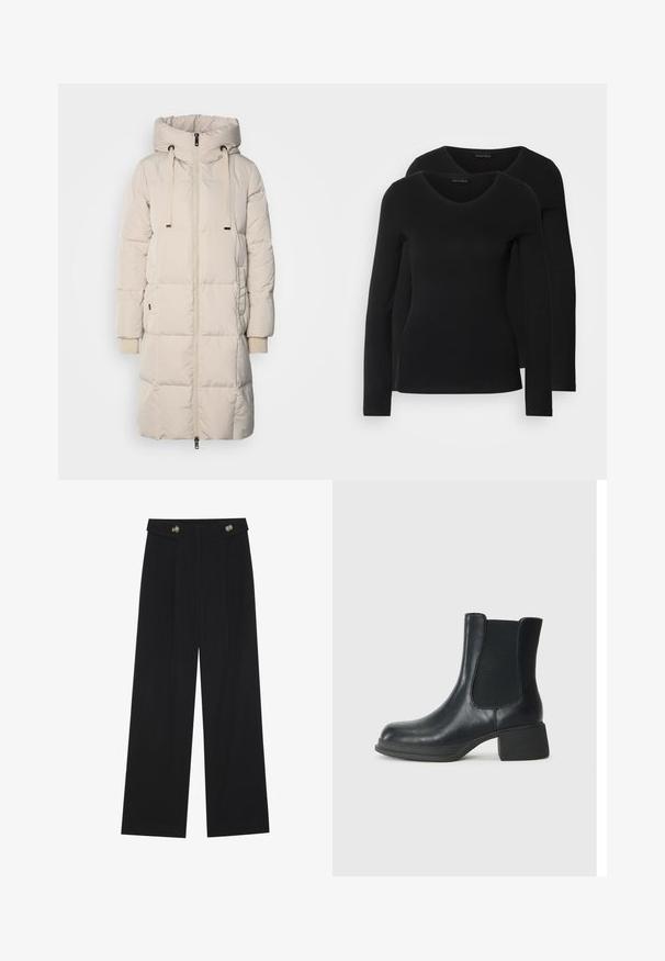 Casaco acolchoado longo, em bege claro, com capuz, fecho de correr frontal, cordão ajustável e detalhes em punhos canelados. Textura suave com um design acolchoado.; Duas camisetas pretas de manga longa com design em V, feitas de um tecido macio e elástico, apresentando uma textura suave e um formato ajustado.; Calças largas pretas com cintura alta, detalhes em botão na cintura e pregas frontais.; Bota de tornozelo em couro preto com painéis laterais elásticos, bico arredondado e um pequeno salto bloco. A superfície tem uma textura suave e um detalhamento mínimo.
