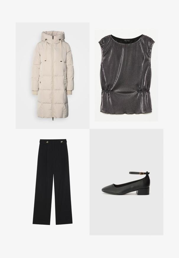 Dolga, svetlo bež dolg slečenka s kapuco, sprednjim zadrgo, vrvico in rebrastimi detajli na manšetah. Gladka tekstura s prešito zasnovo.; Metalna črna brezrokavnik z nabranim dizajnom, ovalnim izrezom in nabranim robom. Znamka "ANNA FIELD" je vidna znotraj.; Črne široke hlače s visokim pasom, gumbnimi detajli na pasu in sprednjimi gubami.; Črne usnjene pumpice z nazobčanimi prsti in nizko blokasto peto. Imajo trak okoli gležnja z zaponko v zlatem tonu. Gladka tekstura.