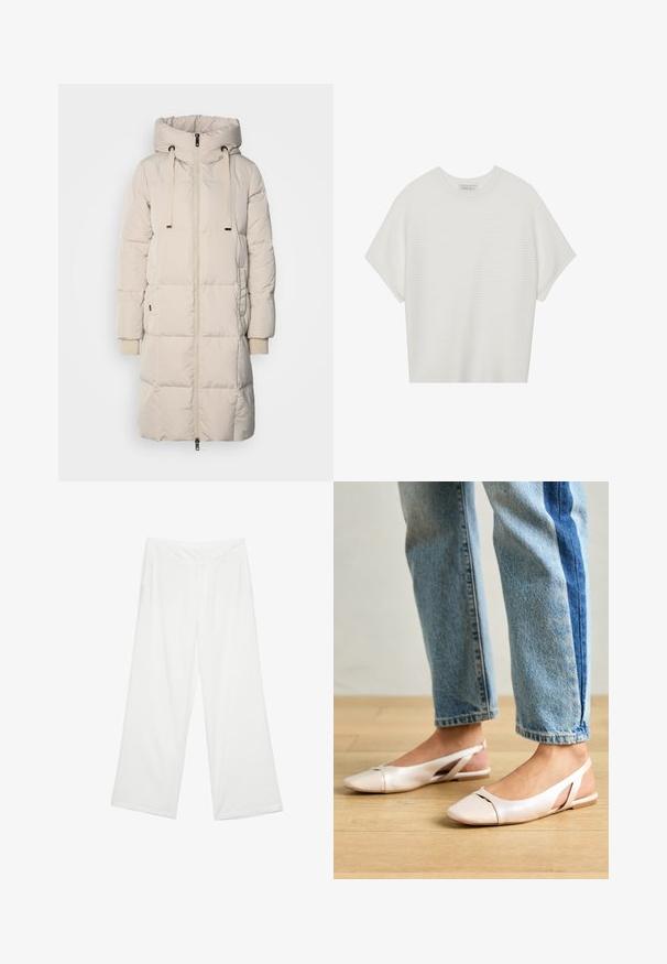 Duga, svijetlosmeđa natkoljenica s kapuljačom, prednjim patentnim zatvaračem, vezicom i rebrastim detaljima na manžetama. Glatka tekstura s rombičastim uzorkom.; Bijela majica kratkih rukava s širokim okruglim izrezom i teksturiranim rebrastim uzorkom, izrađena od mekog materijala, s opuštenim krojem i čistim dizajnom.; Široke hlače od bijele tkanine, s glatkom teksturom, prednjim džepovima i klasičnim pojasom s petljama za remen.; Svijetlo ružičaste slingback balerinke s šiljastim vrhom, izrađene od glatkog materijala nalik koži. Sadrže izrezane detalje sa strane i ravnu petu.